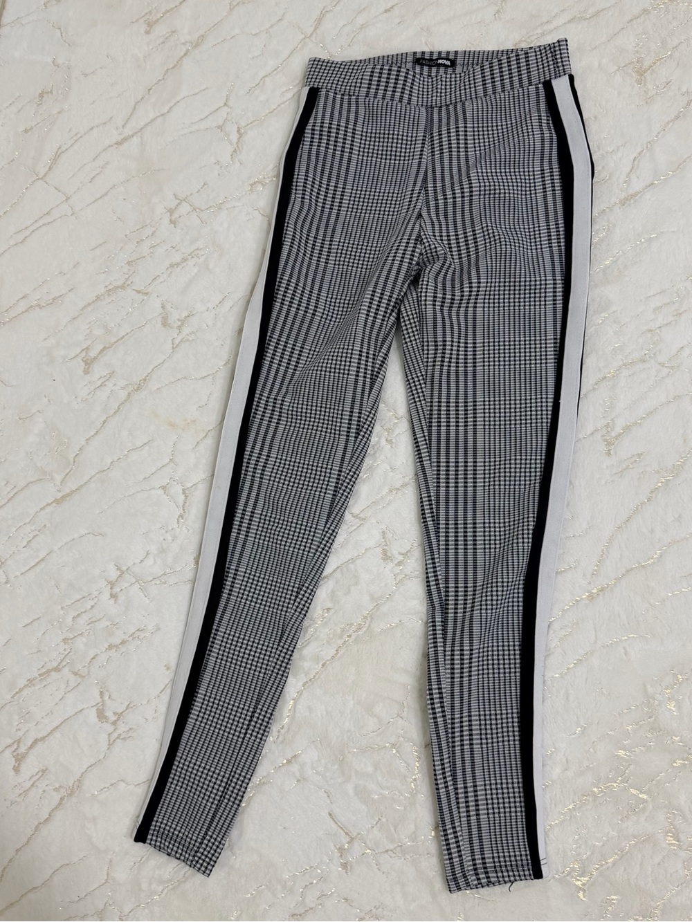 Fashion Nova Black and White Plaid Skinny Pants with Side Stripes